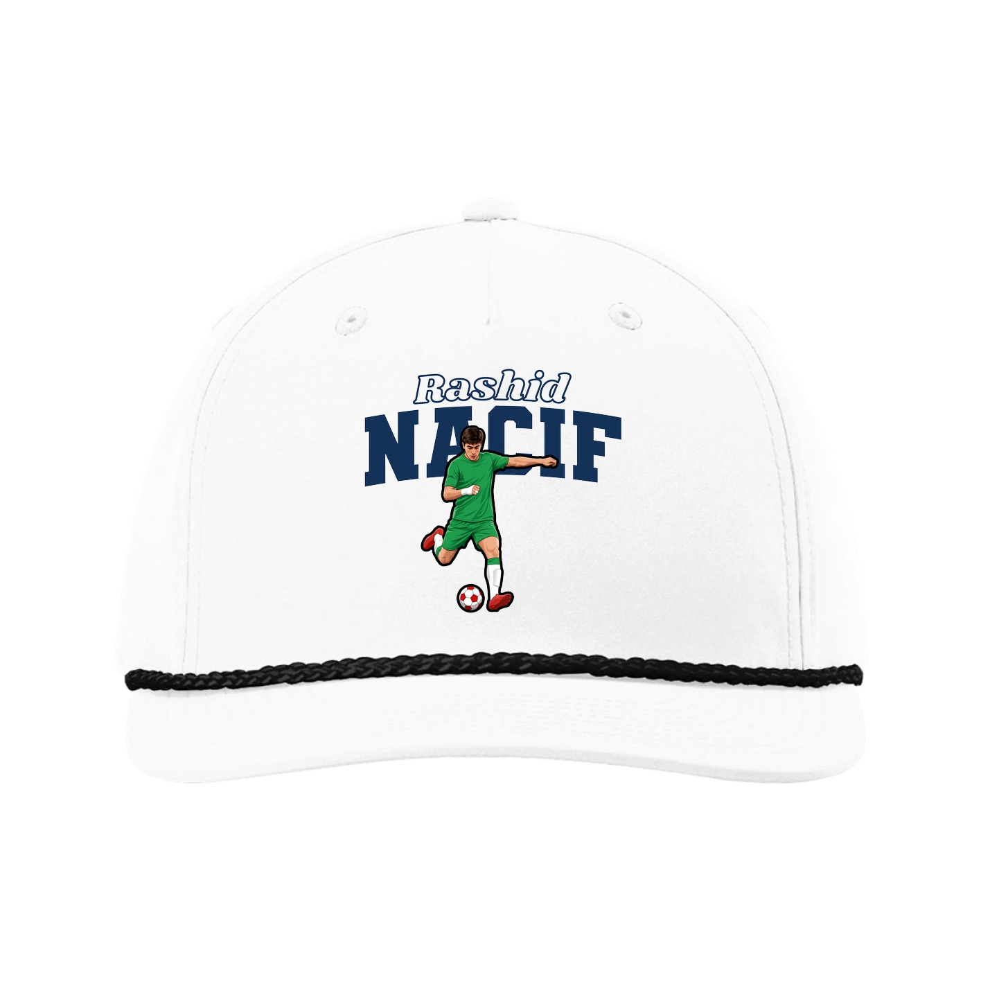 Five-Panel Classic Rope Cap — Name Arch in White