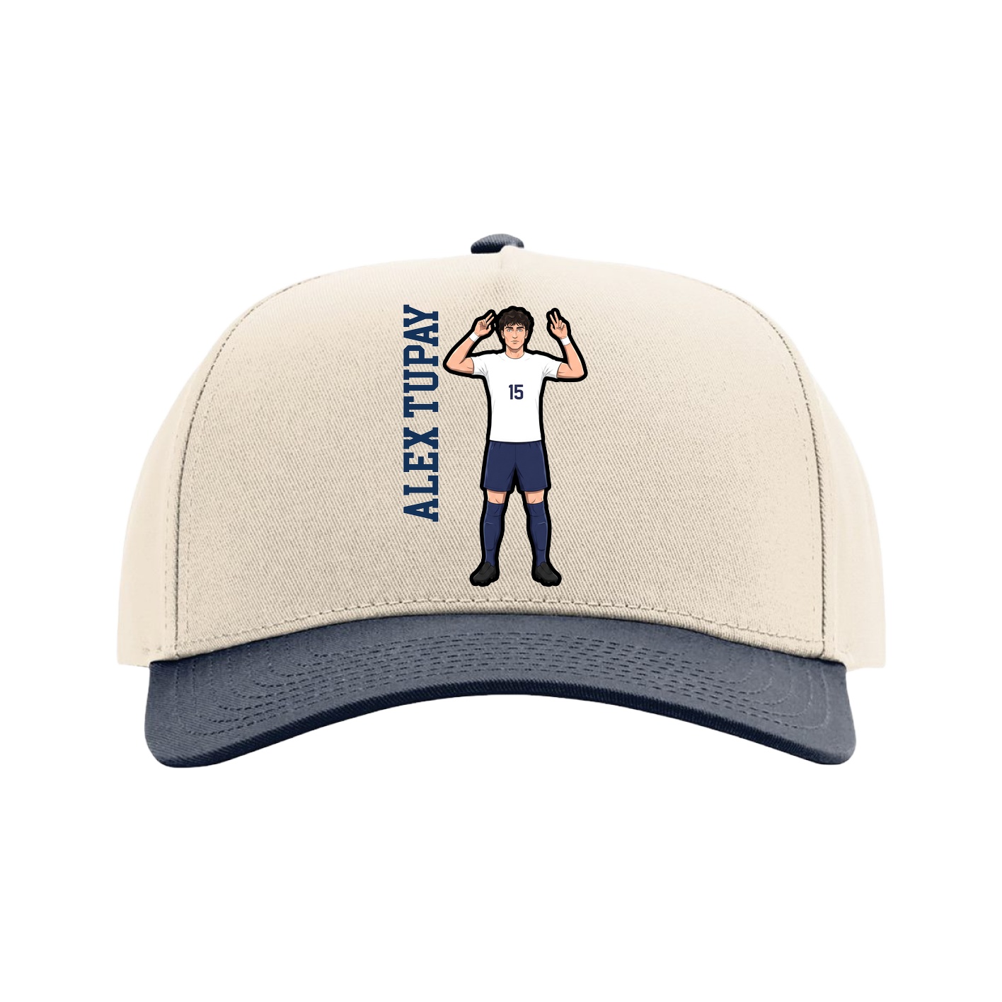 Full Fabric Five-Panel Champ Cap — Name Vertical in Cream/Navy