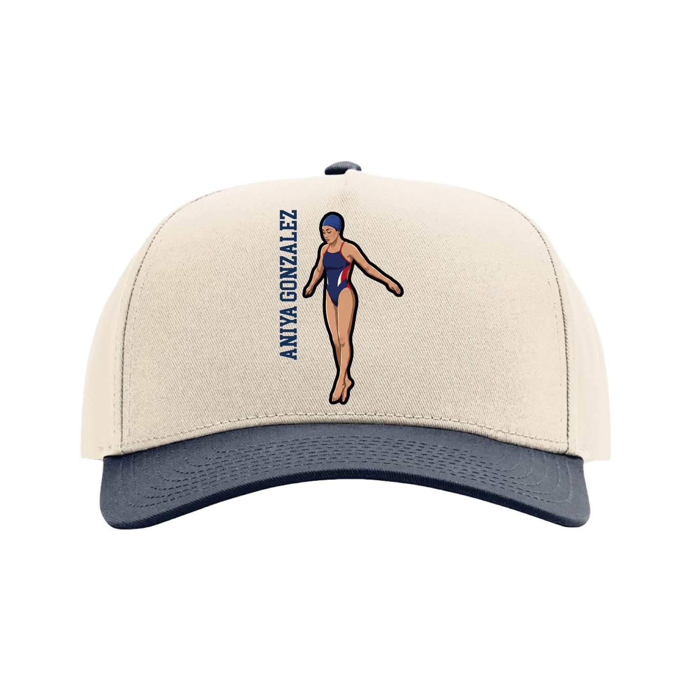 Full Fabric Five-Panel Champ Cap — Name Vertical in Cream/Navy