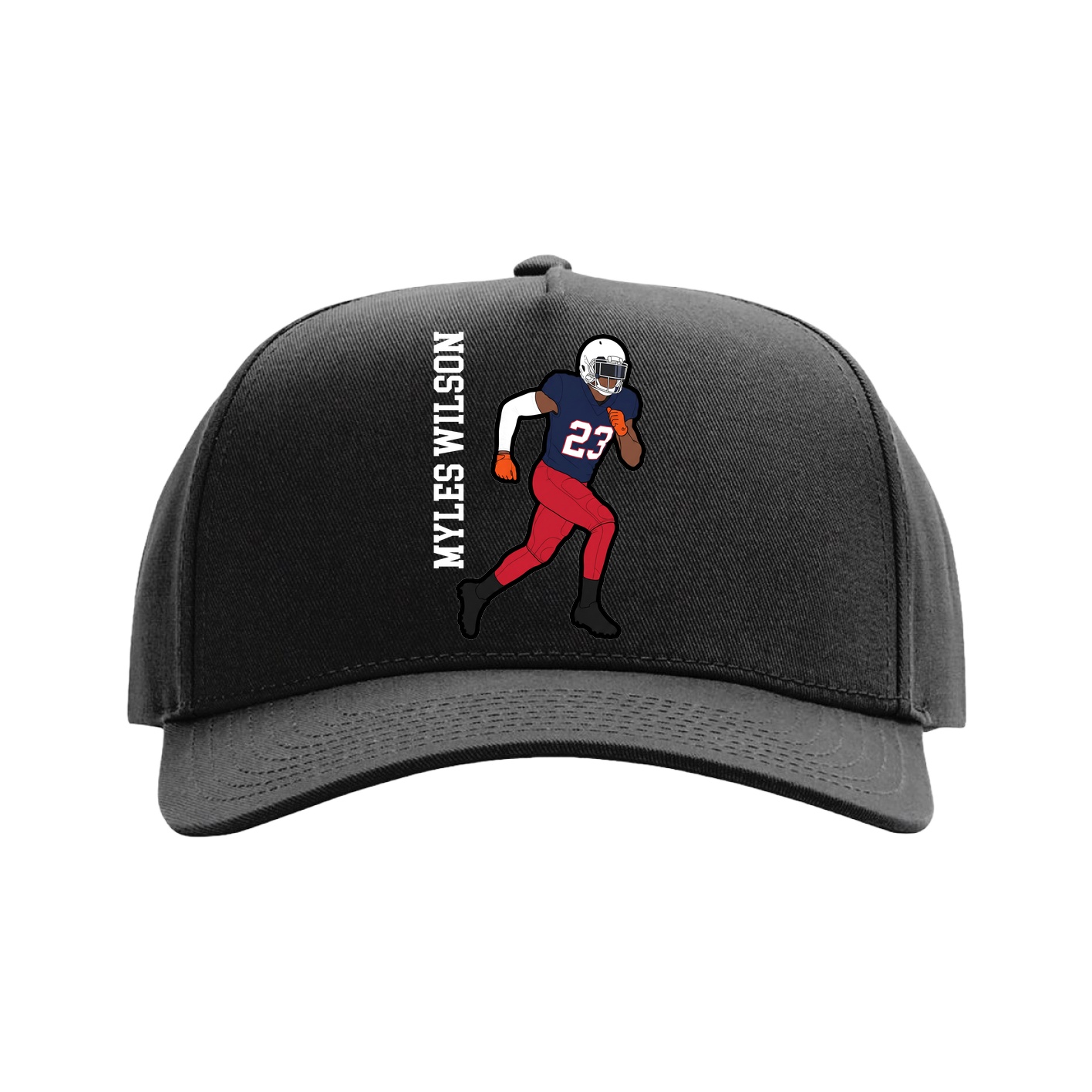 Full Fabric Five-Panel Champ Cap — Name Vertical in Black