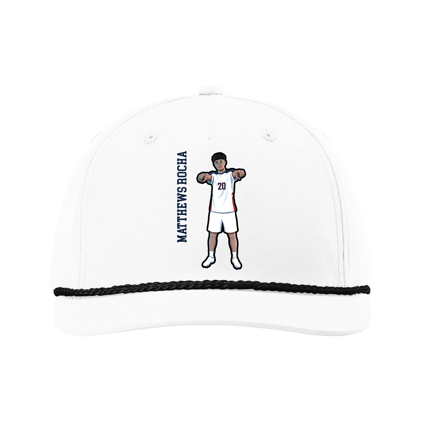 Five-Panel Classic Rope Cap — Name Vertical in White