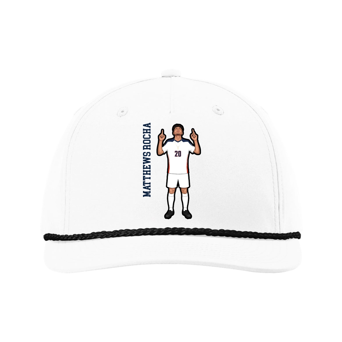 Five-Panel Classic Rope Cap — Name Vertical in White