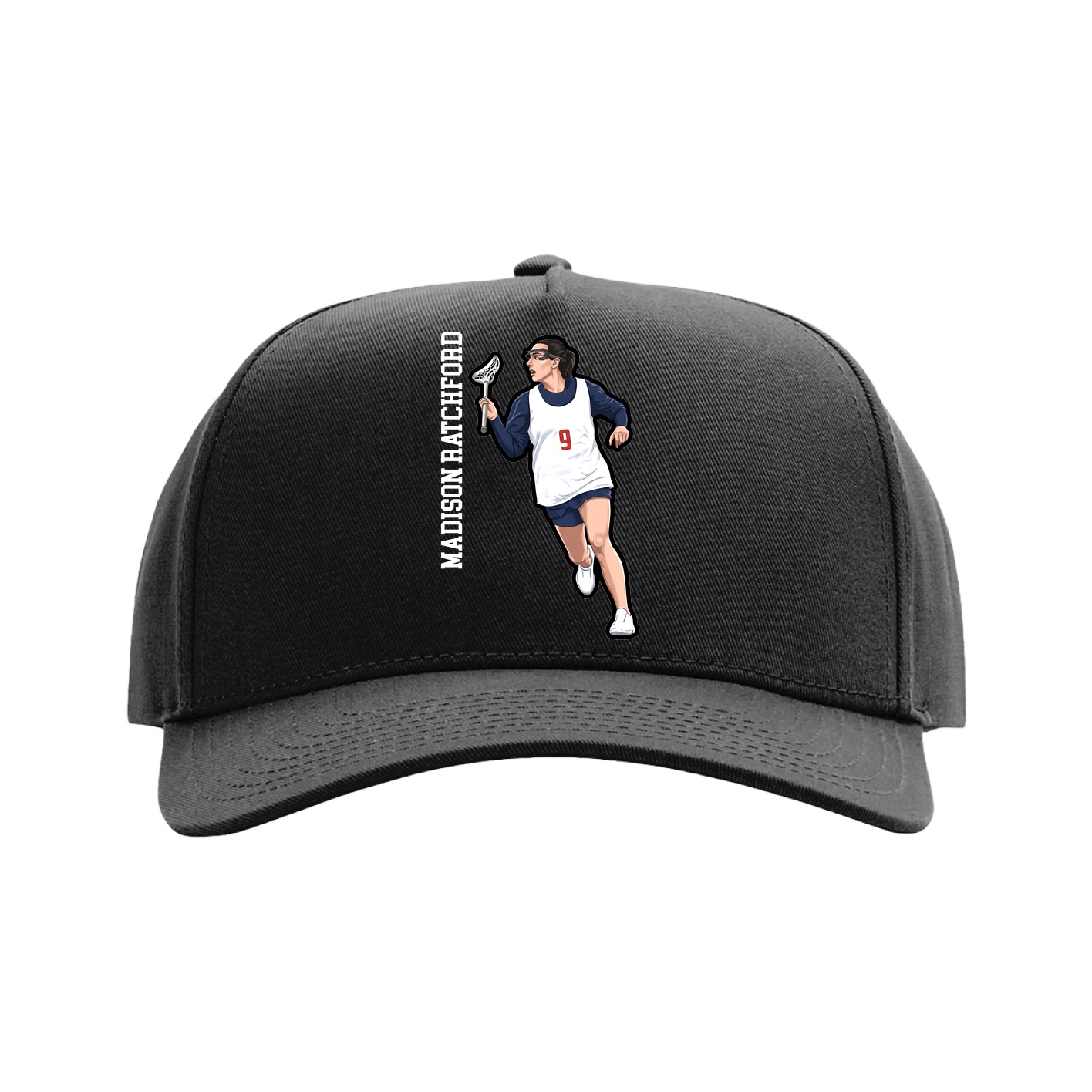 Full Fabric Five-Panel Champ Cap — Name Vertical in Black