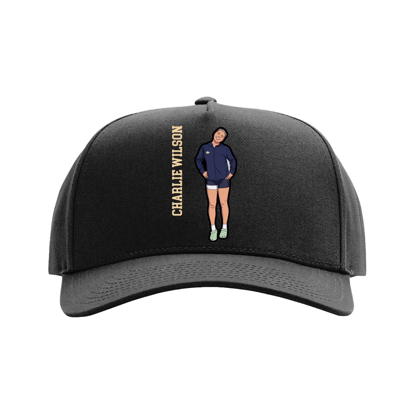 Full Fabric Five-Panel Champ Cap — Name Vertical in Black