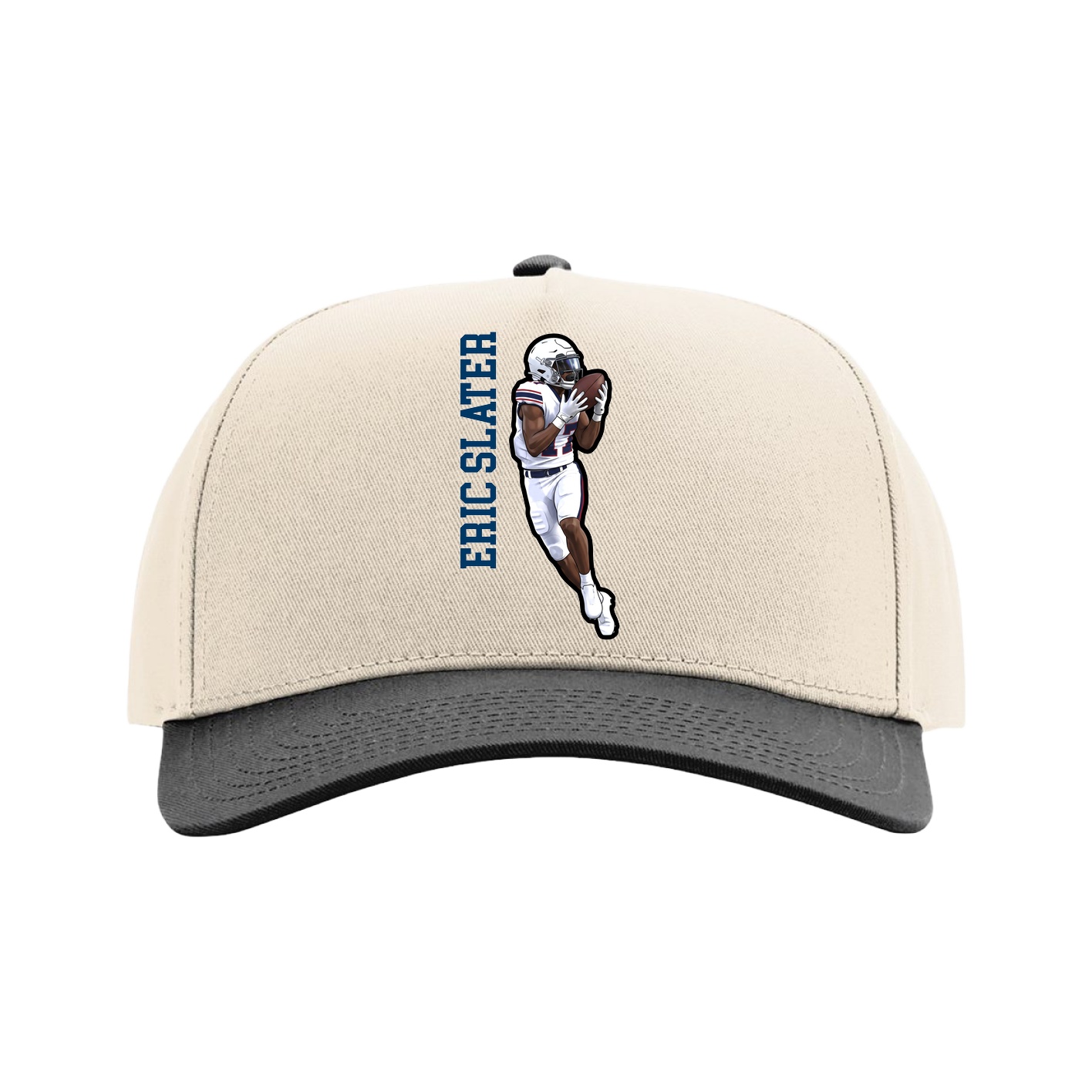 Full Fabric Five-Panel Champ Cap — Name Vertical in Cream/Black