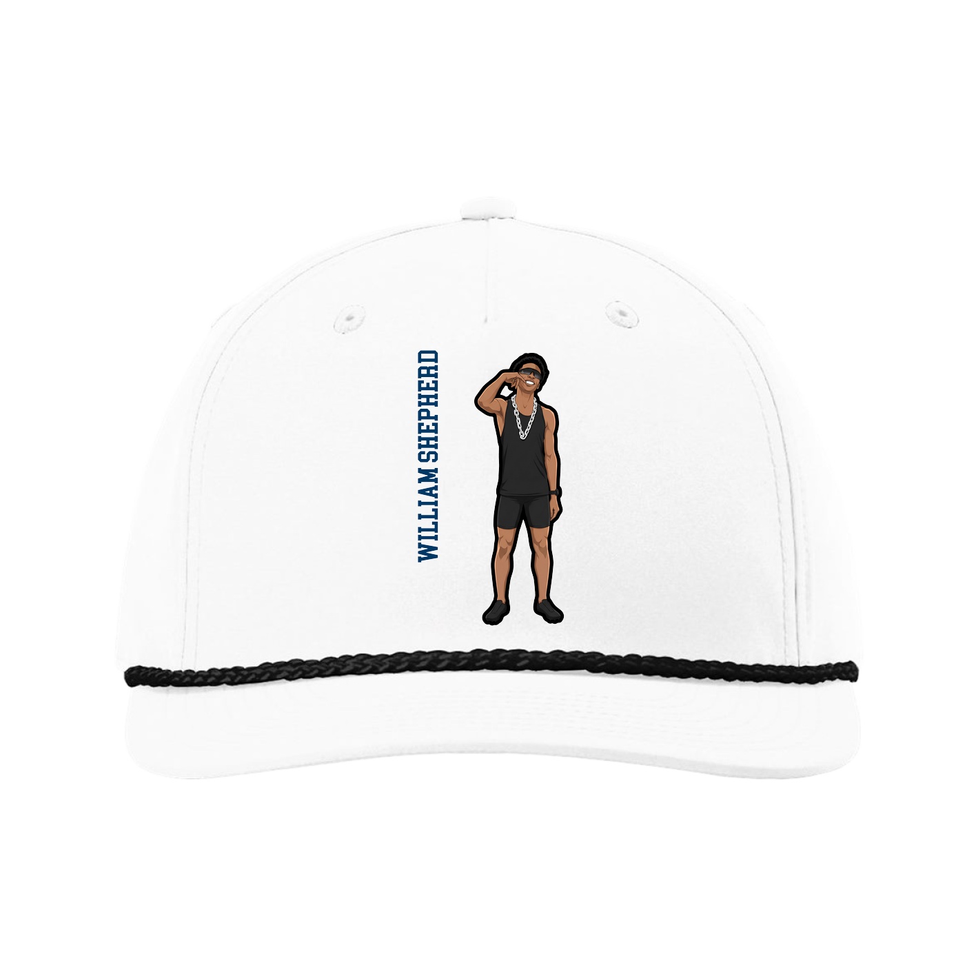 Five-Panel Classic Rope Cap — Name Vertical in White