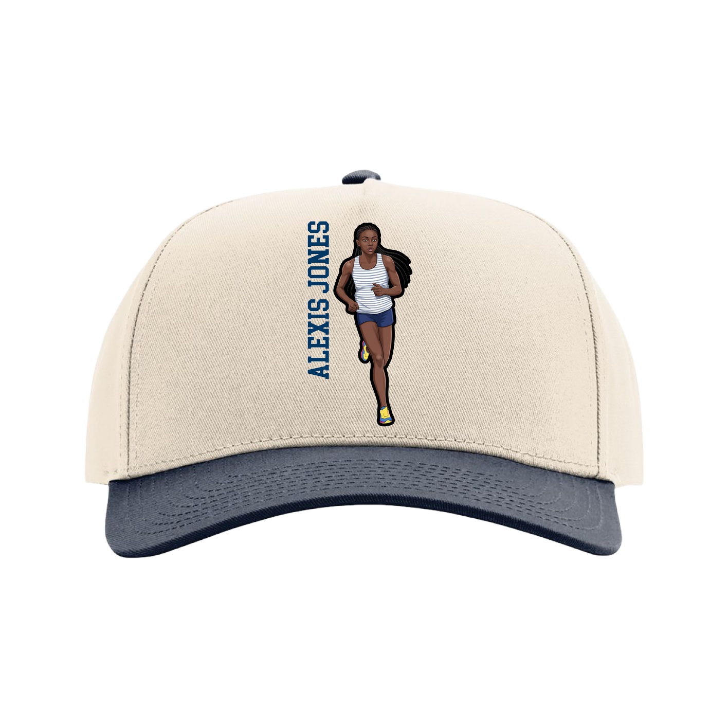 Full Fabric Five-Panel Champ Cap — Name Vertical in Cream/Navy