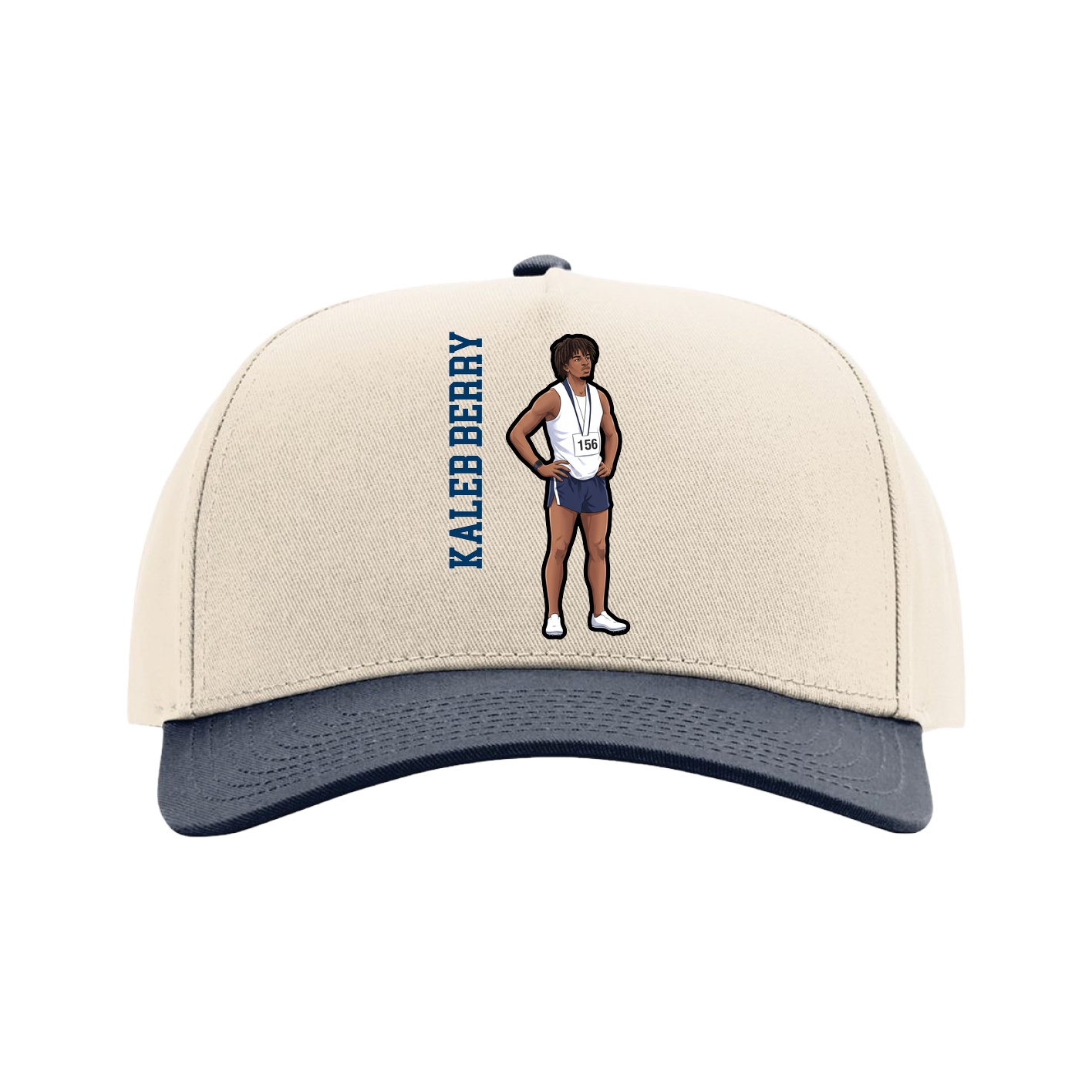 Full Fabric Five-Panel Champ Cap — Name Vertical in Cream/Navy