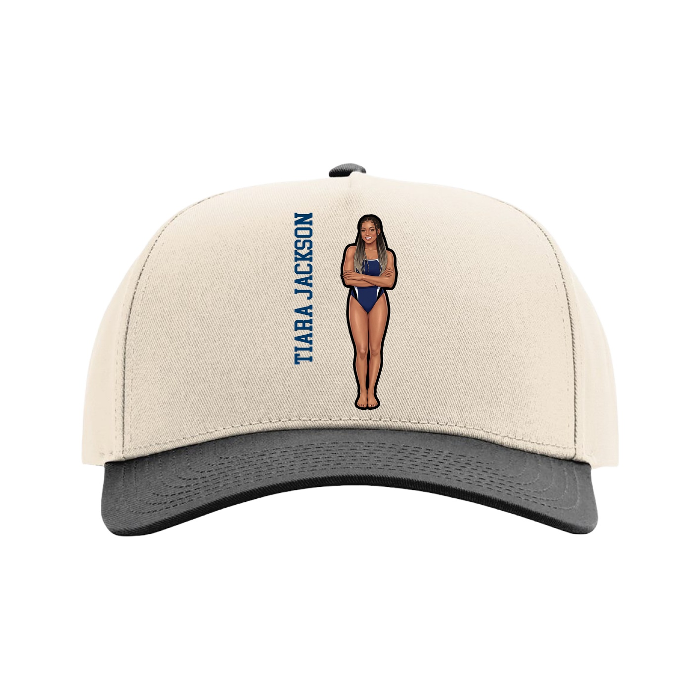 Full Fabric Five-Panel Champ Cap — Name Vertical in Cream/Black