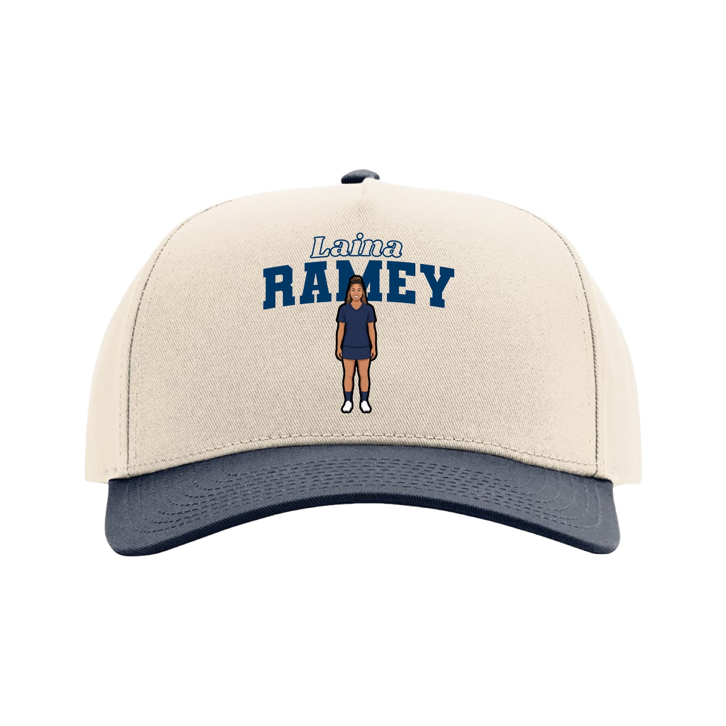 Full Fabric Five-Panel Champ Cap — Name Arch in Cream/Navy