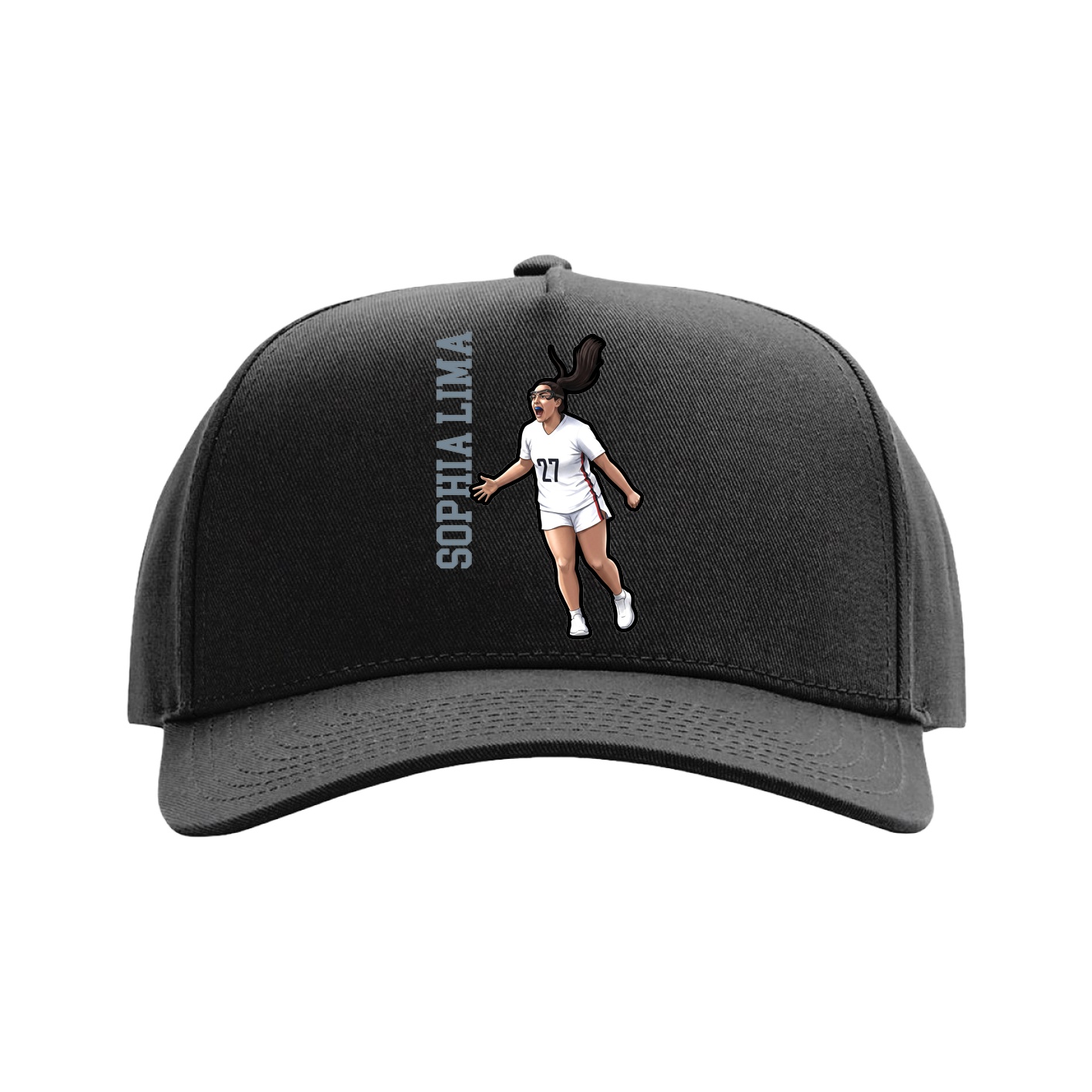 Full Fabric Five-Panel Champ Cap — Name Vertical in Black