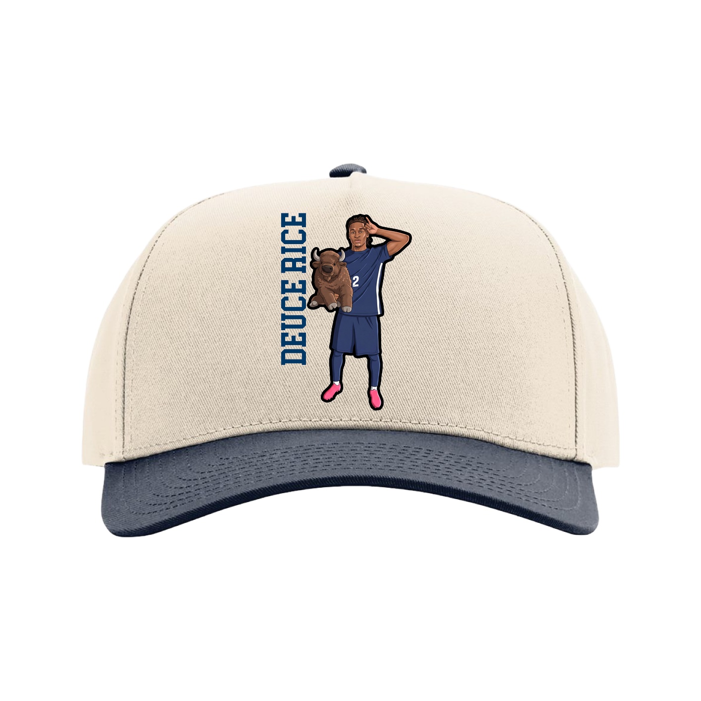 Full Fabric Five-Panel Champ Cap — Name Vertical in Cream/Navy