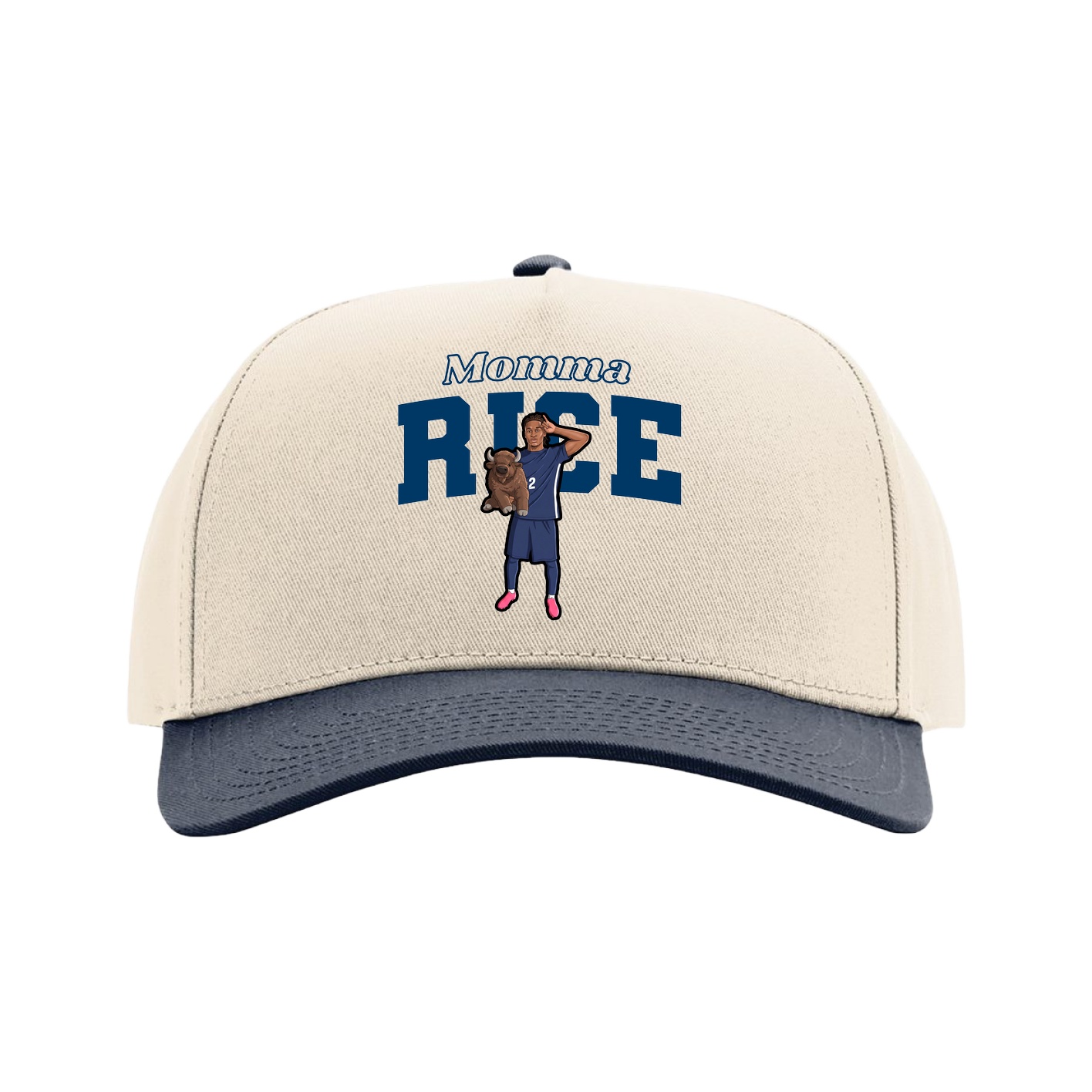 Full Fabric Five-Panel Champ Cap — Mothers Day Block in Cream/Navy