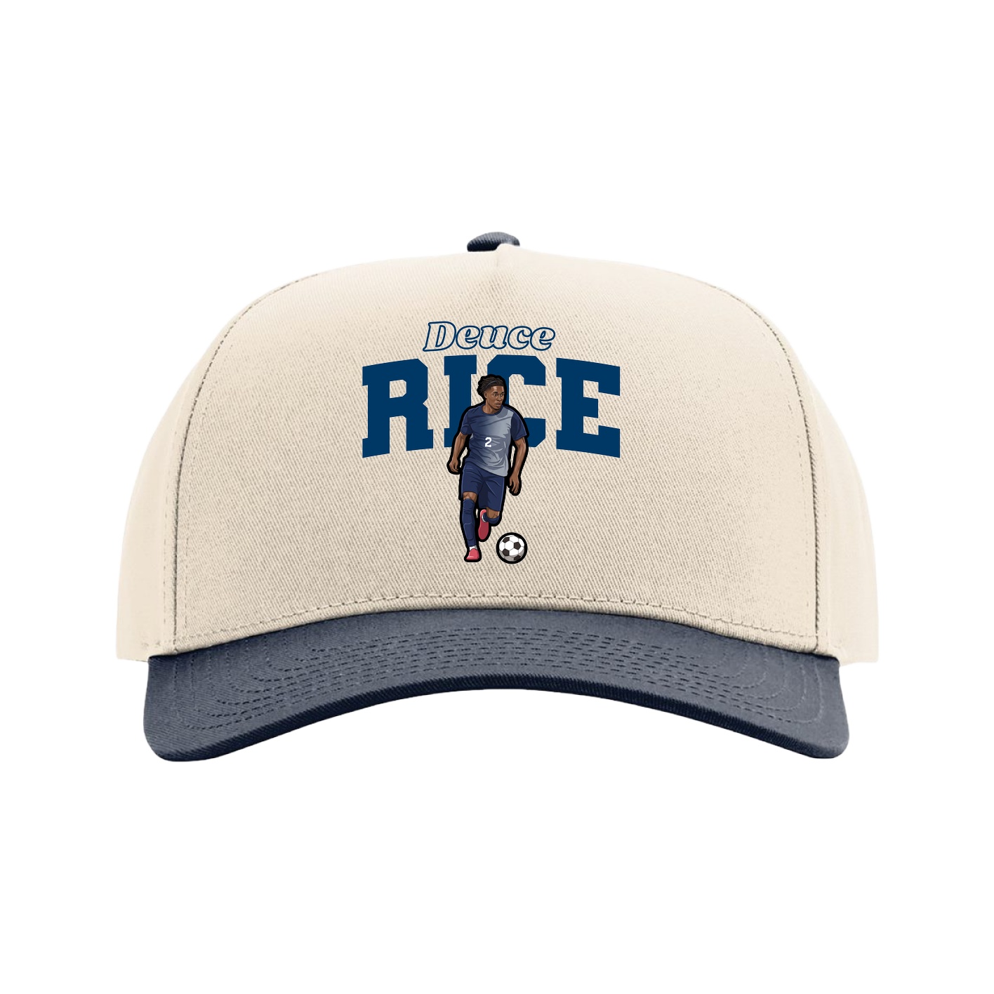 Full Fabric Five-Panel Champ Cap — Name Arch in Cream/Navy