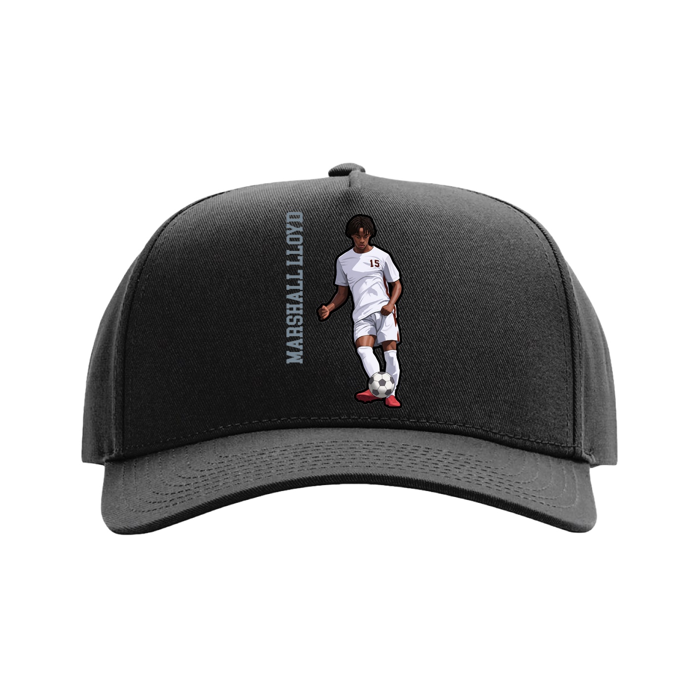 Full Fabric Five-Panel Champ Cap — Name Vertical in Black