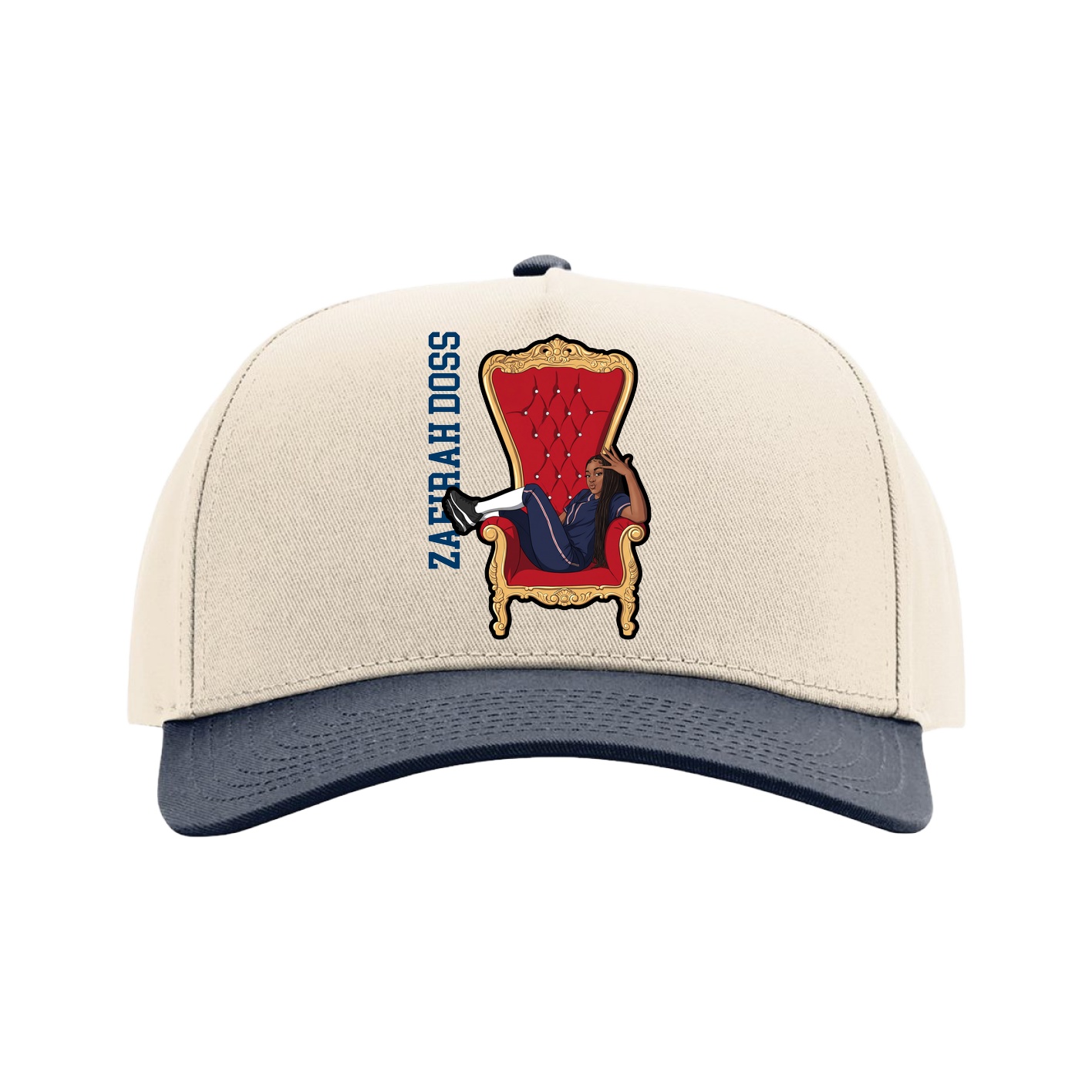 Full Fabric Five-Panel Champ Cap — Name Vertical in Cream/Navy