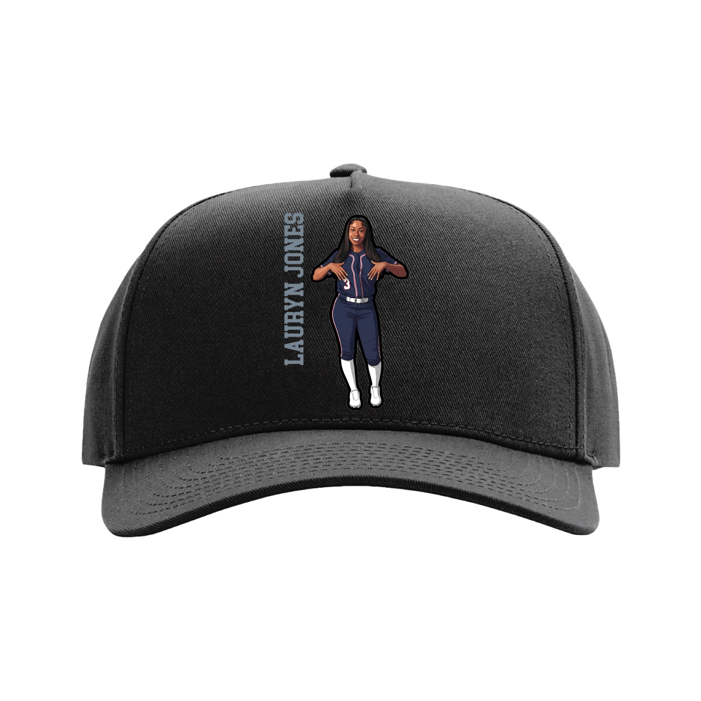 Full Fabric Five-Panel Champ Cap — Name Vertical in Black