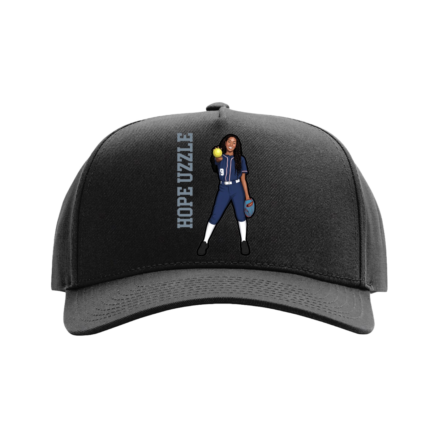 Full Fabric Five-Panel Champ Cap — Name Vertical in Black
