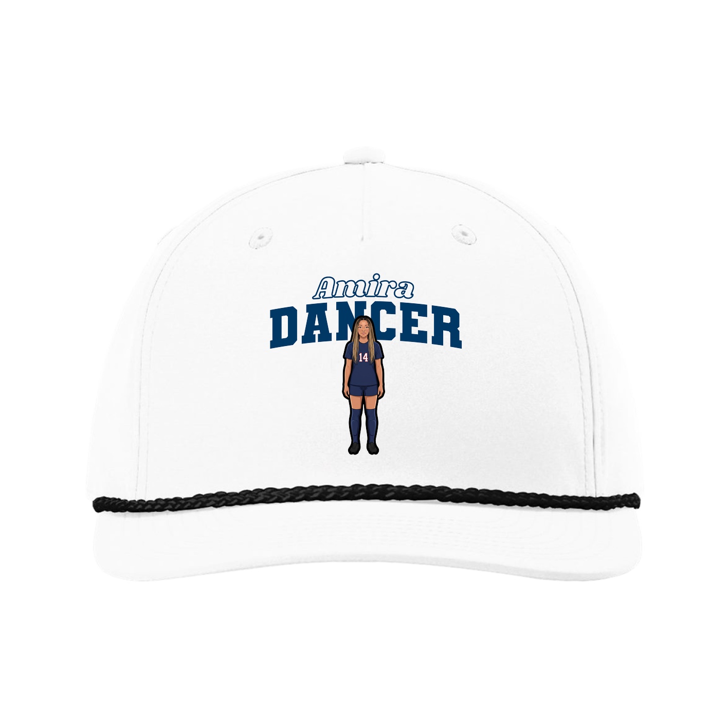 Five-Panel Classic Rope Cap — Name Arch in White