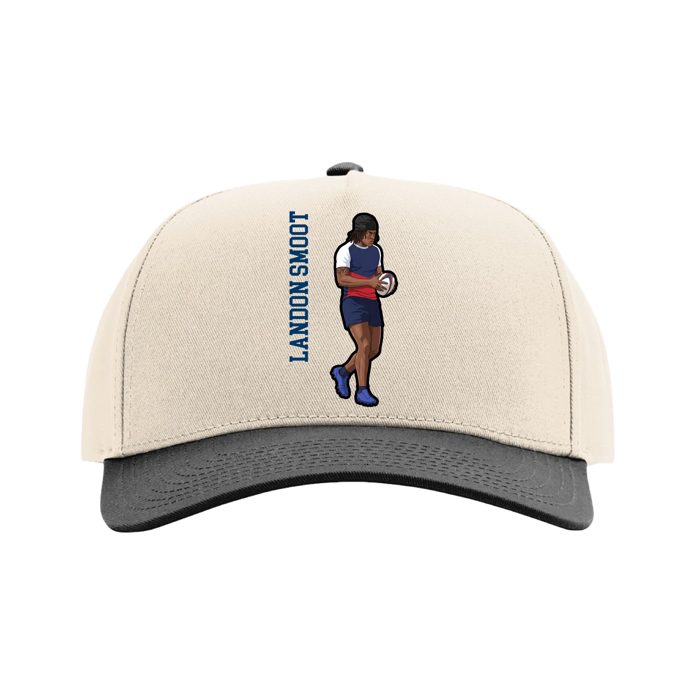 Full Fabric Five-Panel Champ Cap — Name Vertical in Cream/Black