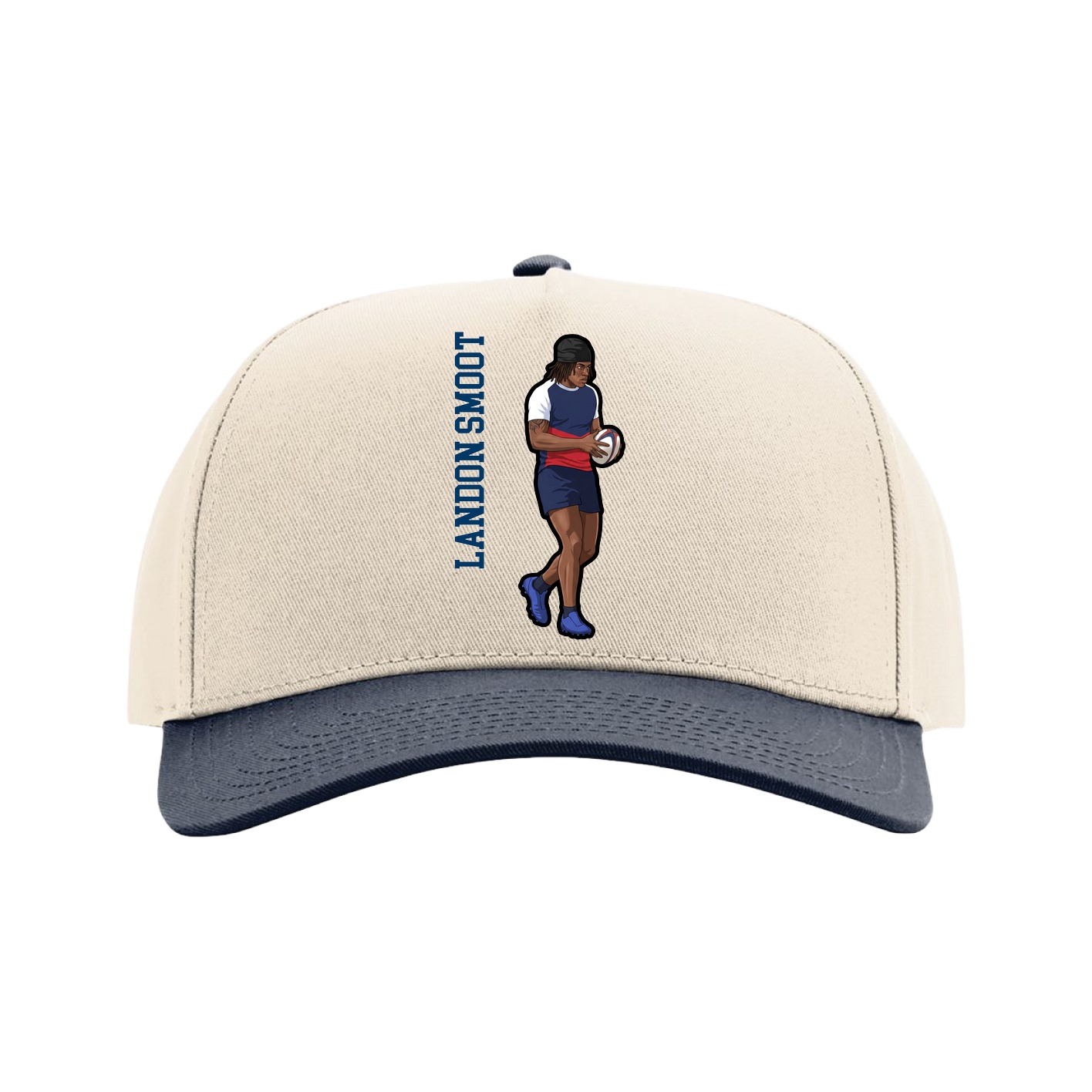 Full Fabric Five-Panel Champ Cap — Name Vertical in Cream/Navy