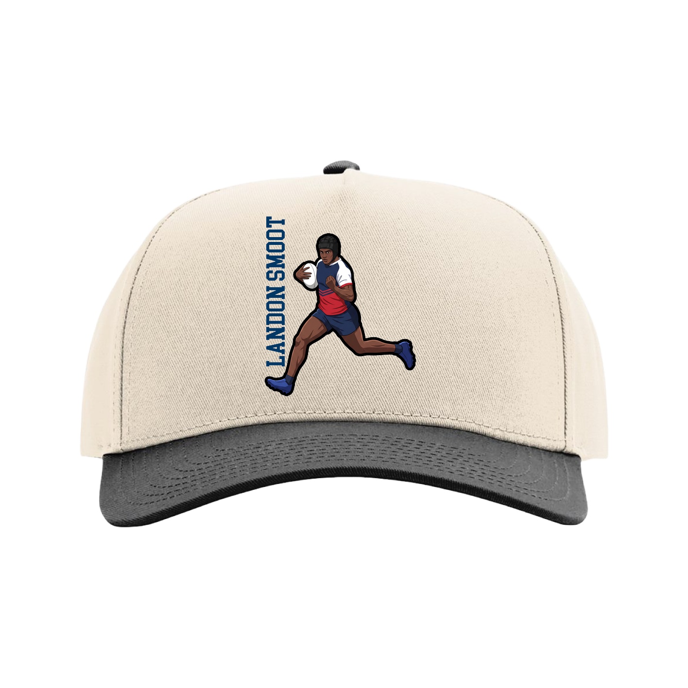Full Fabric Five-Panel Champ Cap — Name Vertical in Cream/Black