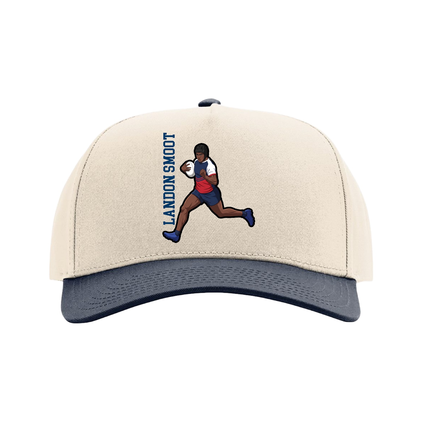 Full Fabric Five-Panel Champ Cap — Name Vertical in Cream/Navy