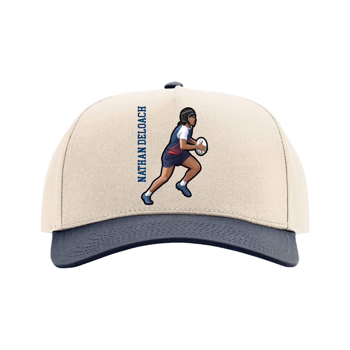 Full Fabric Five-Panel Champ Cap — Name Vertical in Cream/Navy
