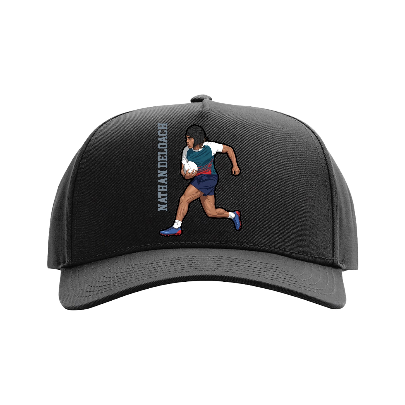 Full Fabric Five-Panel Champ Cap — Name Vertical in Black