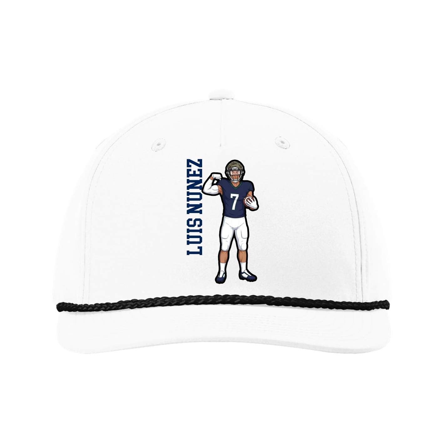 Five-Panel Classic Rope Cap — Name Vertical in White