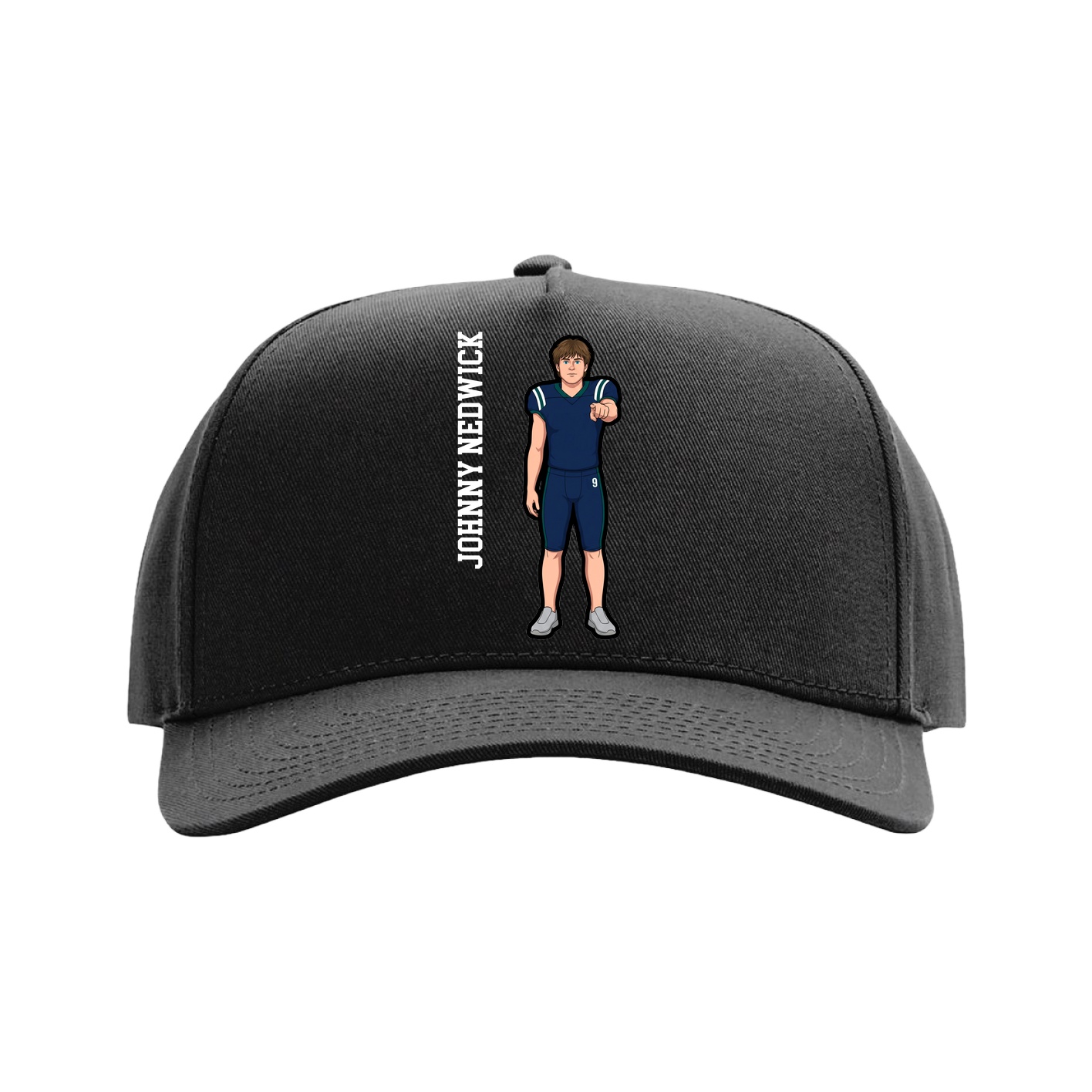 Full Fabric Five-Panel Champ Cap — Name Vertical in Black