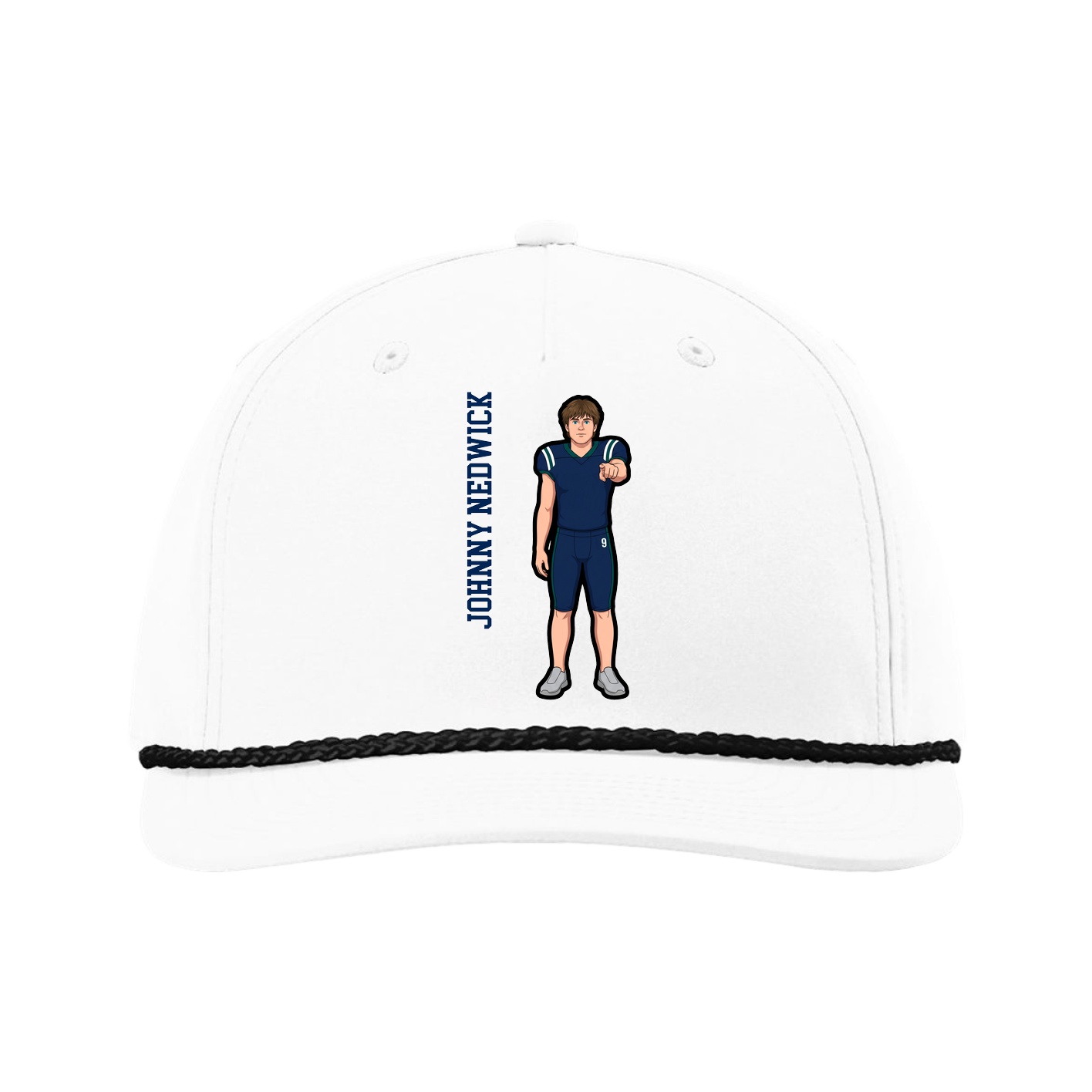 Five-Panel Classic Rope Cap — Name Vertical in White