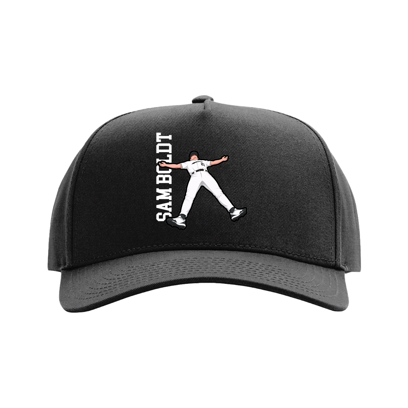 Full Fabric Five-Panel Champ Cap — Name Vertical in Black