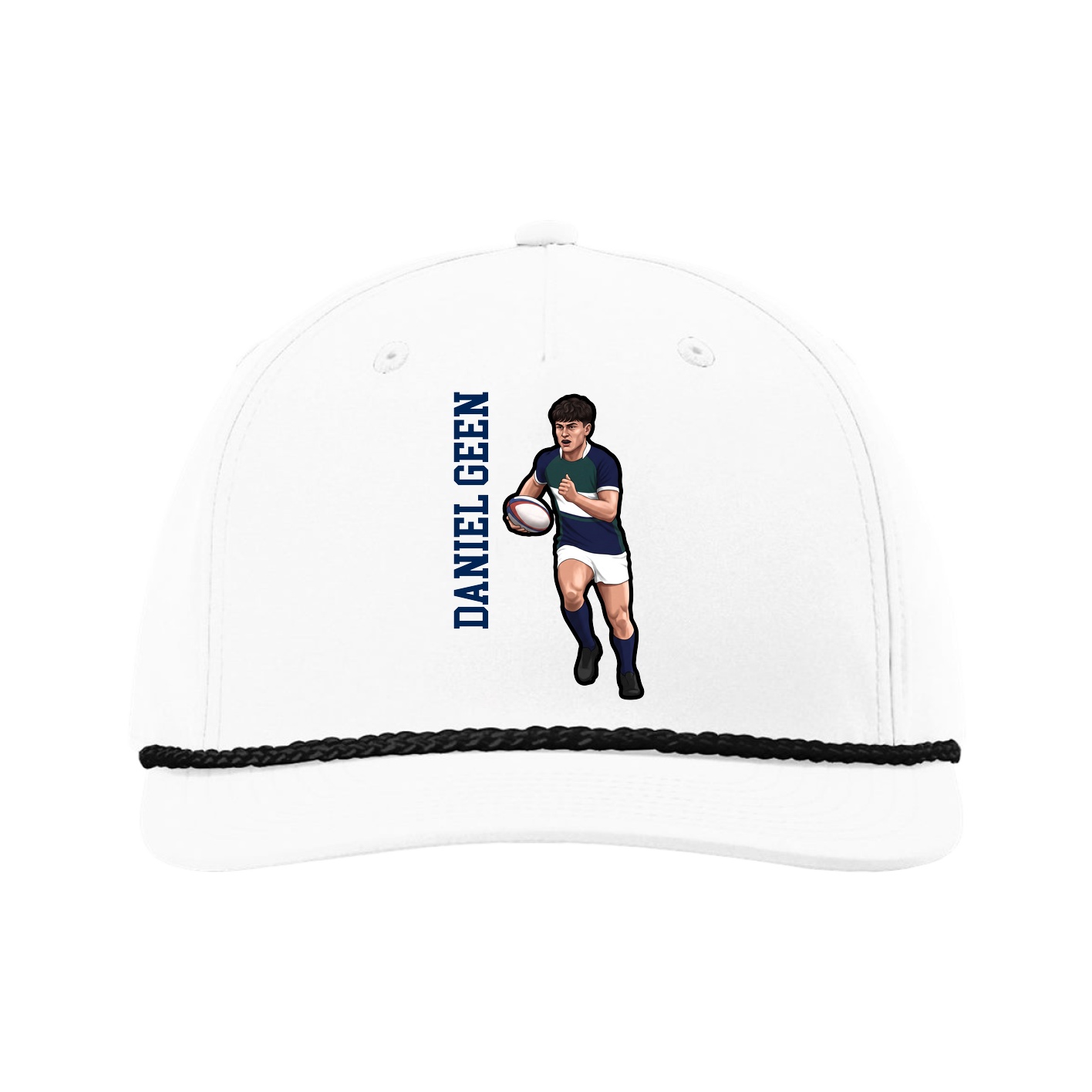 Five-Panel Classic Rope Cap — Name Vertical in White