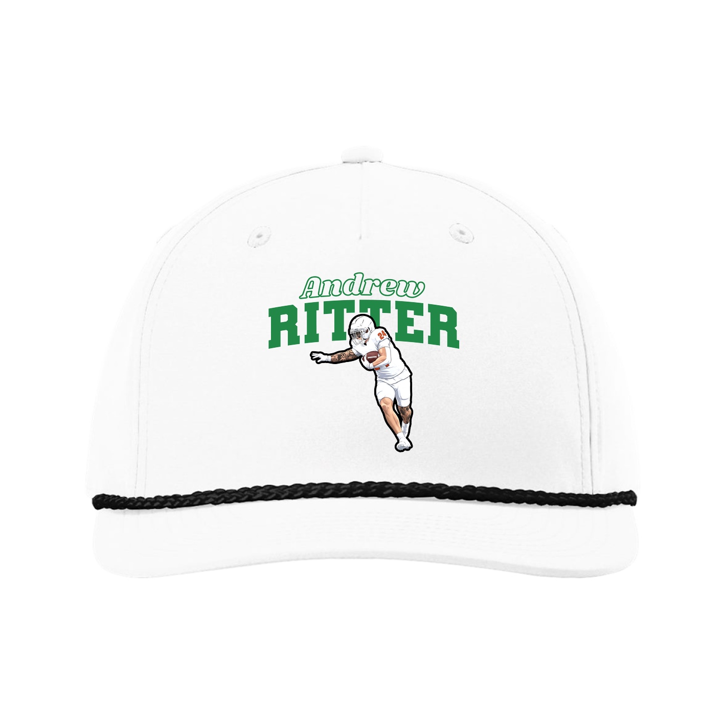 Five-Panel Classic Rope Cap — Name Arch in White