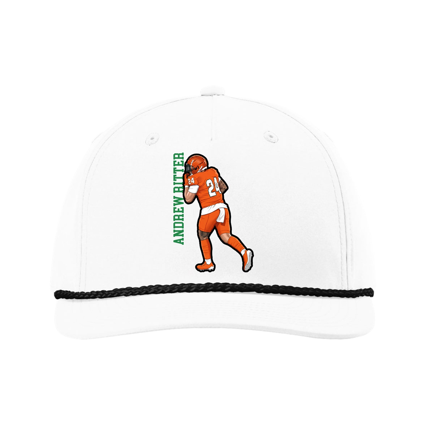 Five-Panel Classic Rope Cap — Name Vertical in White