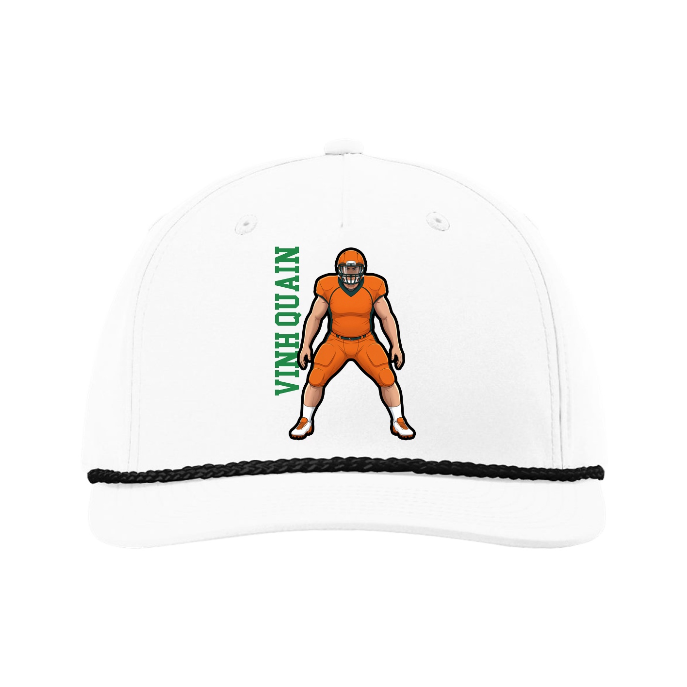 Five-Panel Classic Rope Cap — Name Vertical in White