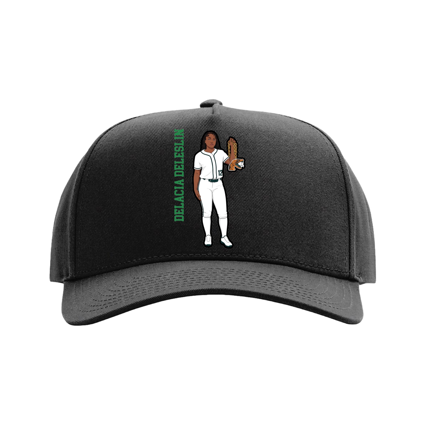 Full Fabric Five-Panel Champ Cap — Name Vertical in Black