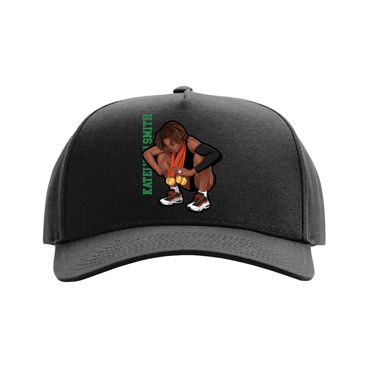 Full Fabric Five-Panel Champ Cap — Name Vertical in Black