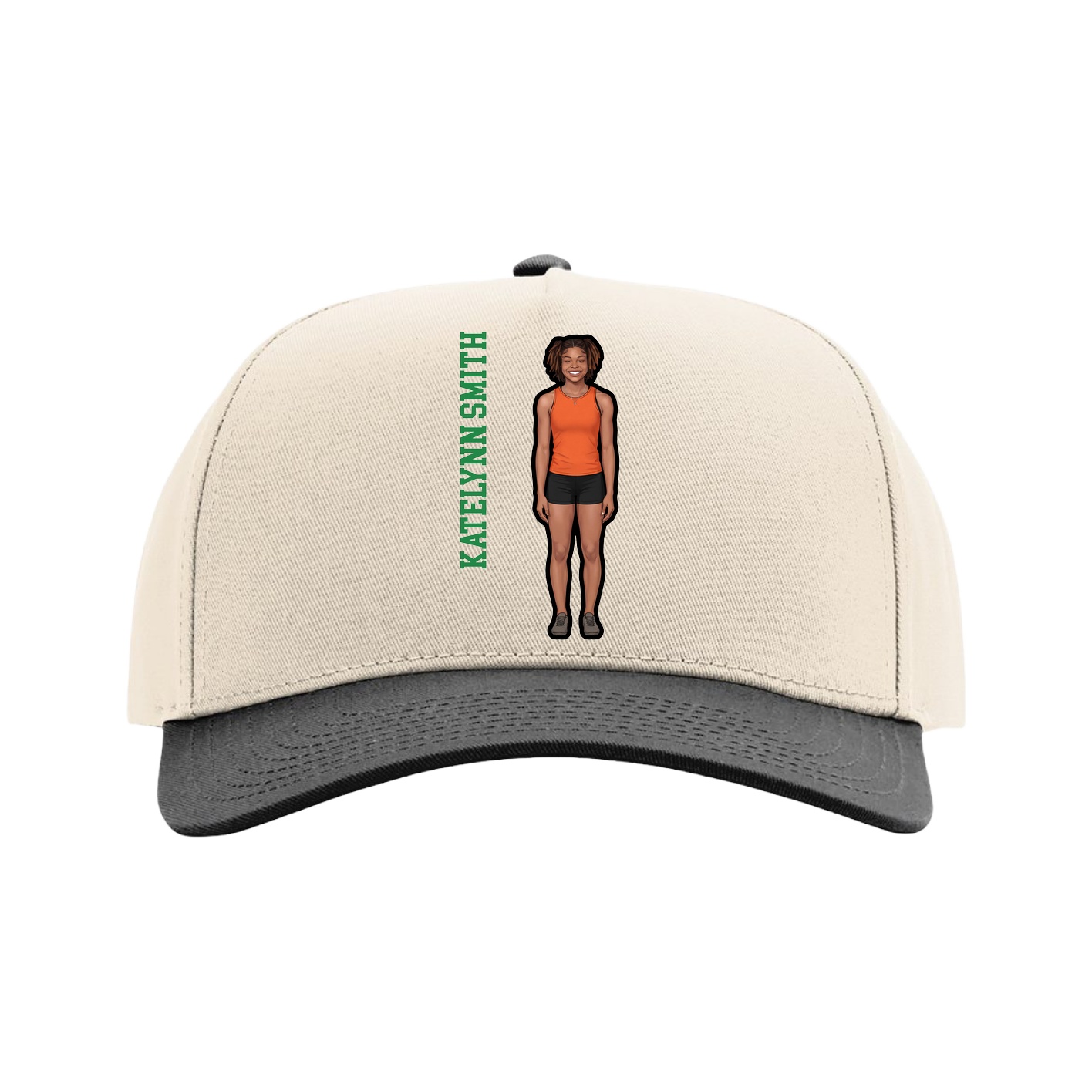 Full Fabric Five-Panel Champ Cap — Name Vertical in Cream/Black