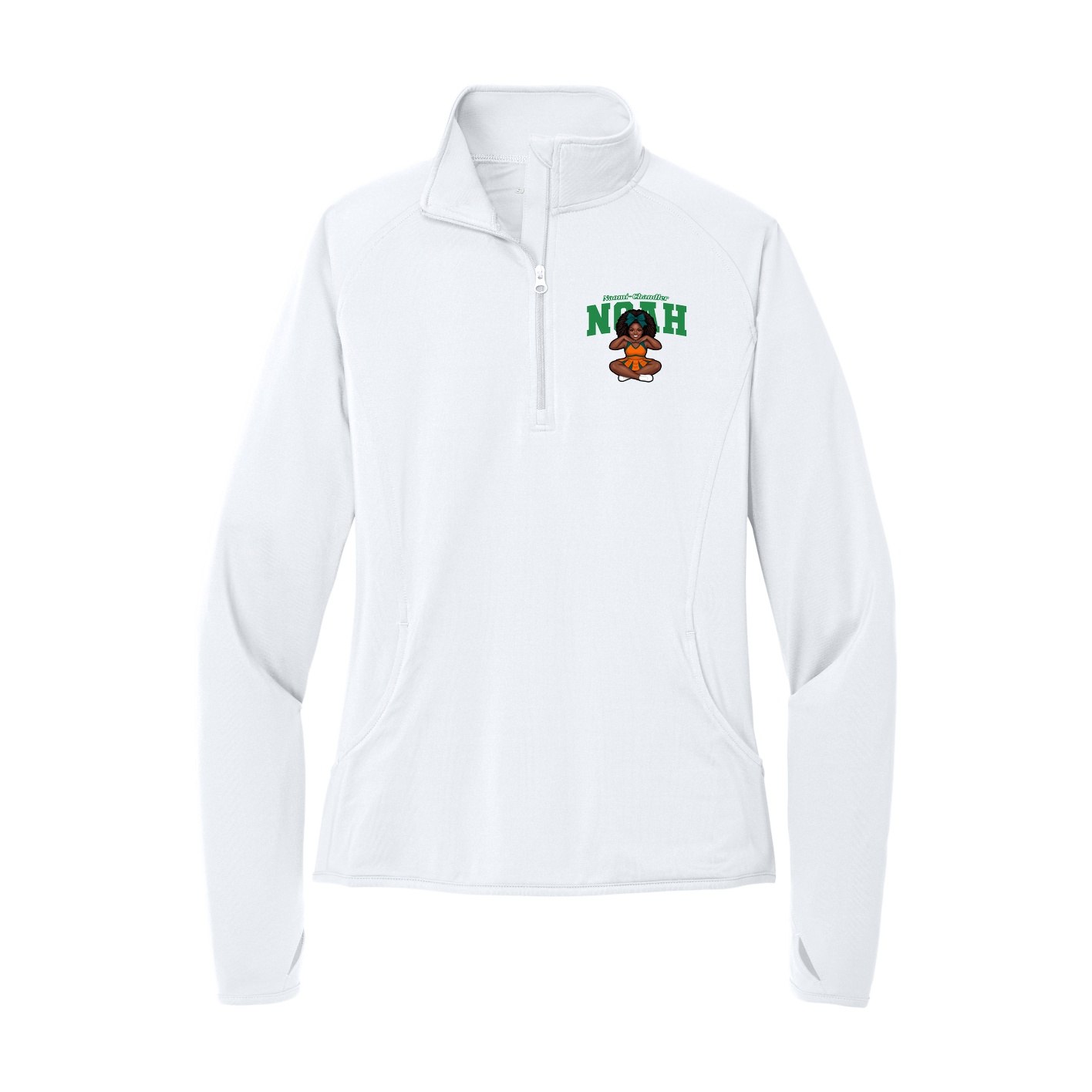 Women's Q-Zip Pullover — Name Arch in White