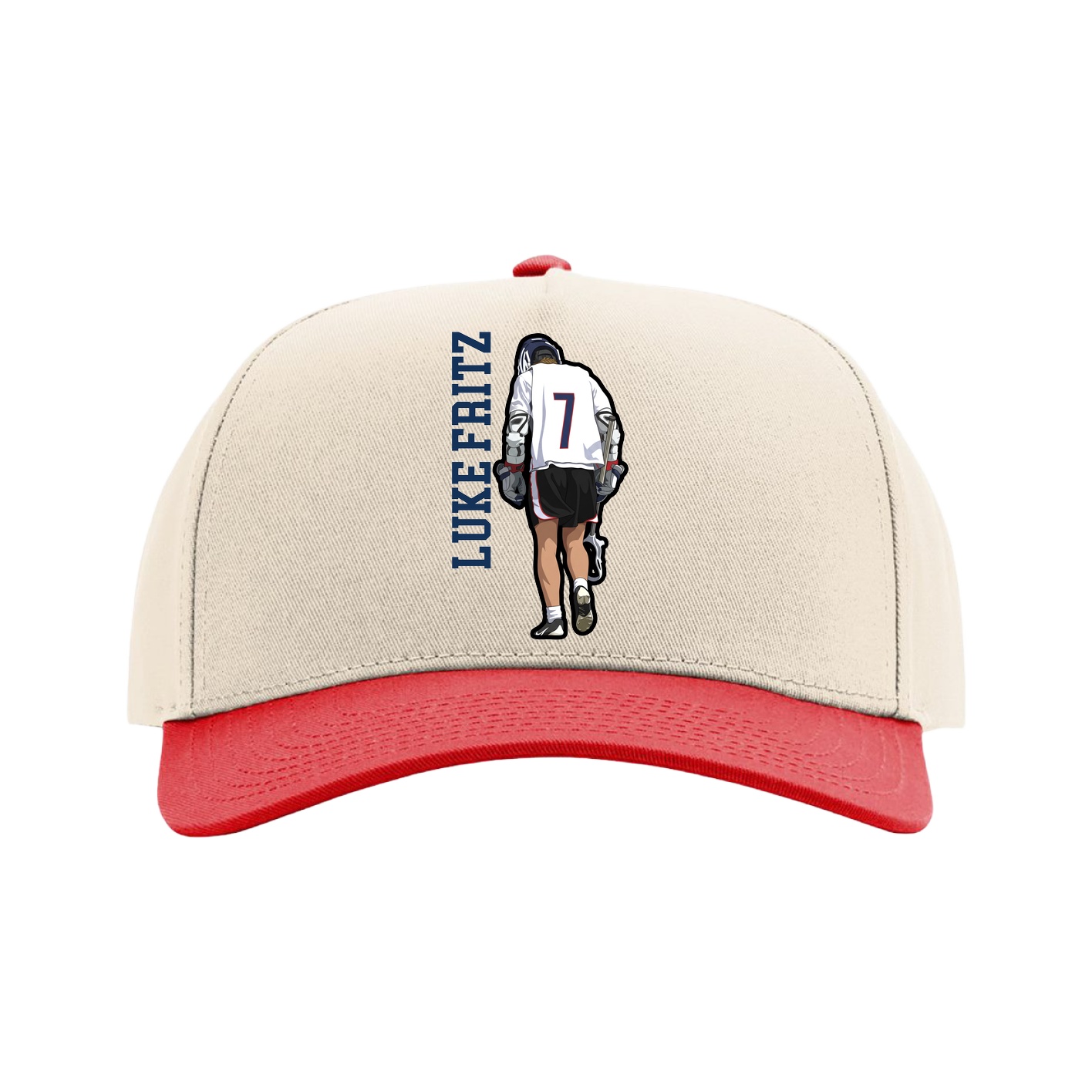 Full Fabric Five-Panel Champ Cap — Name Vertical in Cream/Red