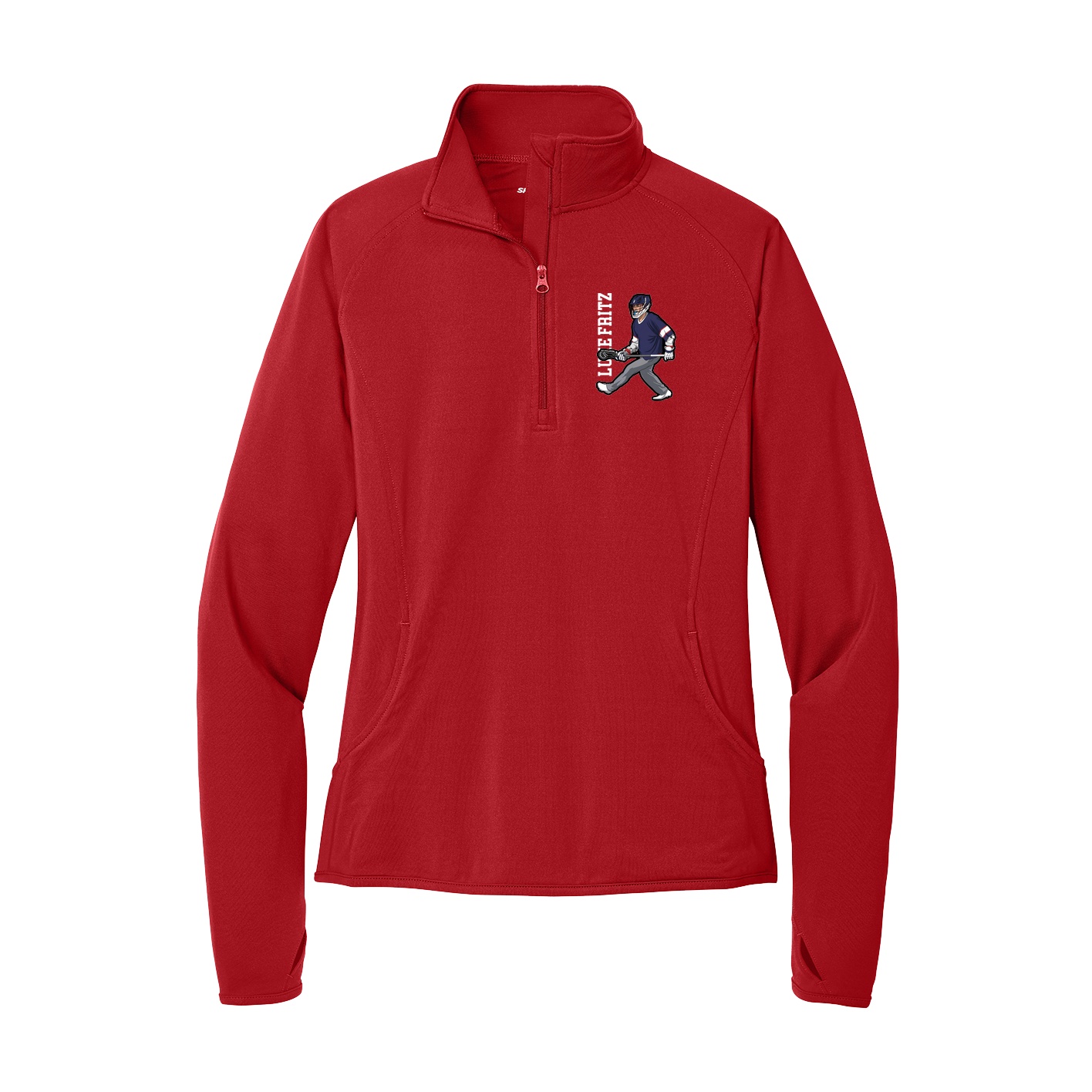 Women's Q-Zip Pullover — Name Vertical in Red