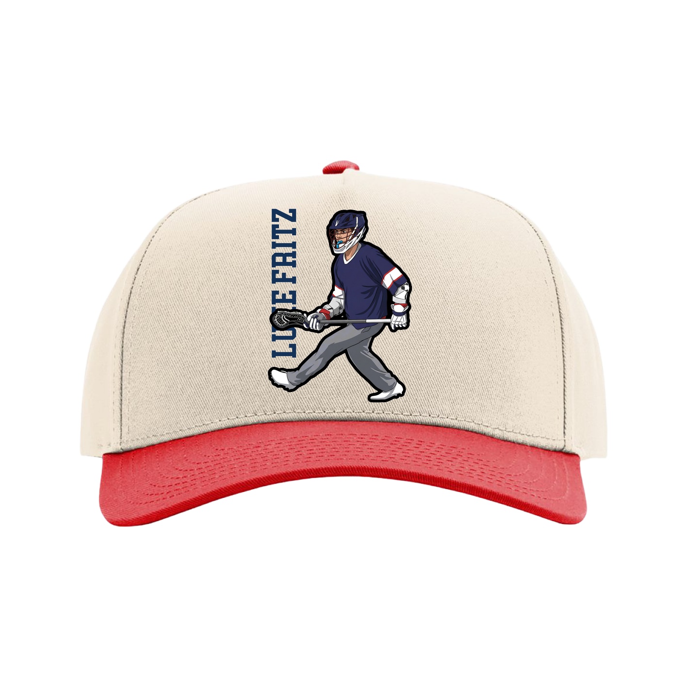 Full Fabric Five-Panel Champ Cap — Name Vertical in Cream/Red