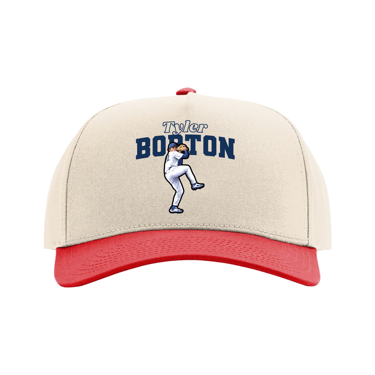Full Fabric Five-Panel Champ Cap — Name Arch in Cream/Red