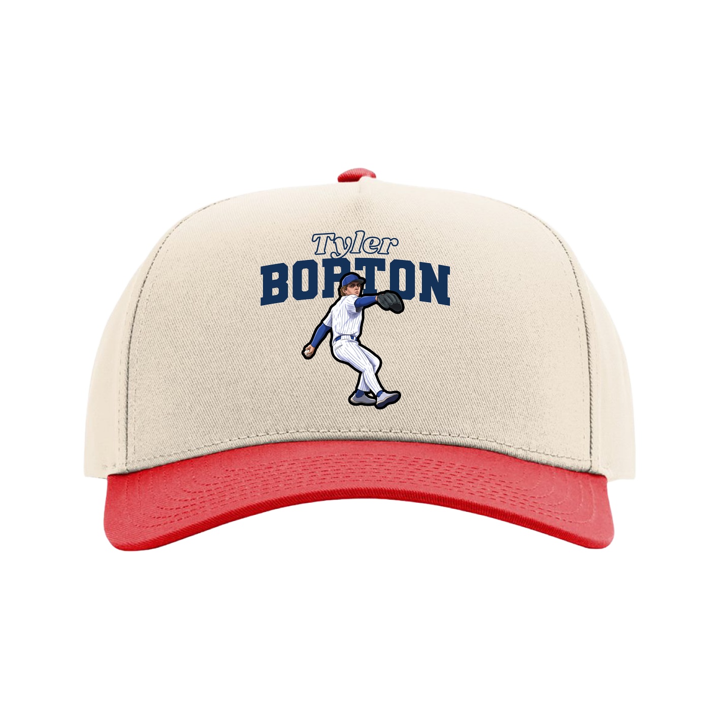 Full Fabric Five-Panel Champ Cap — Name Arch in Cream/Red