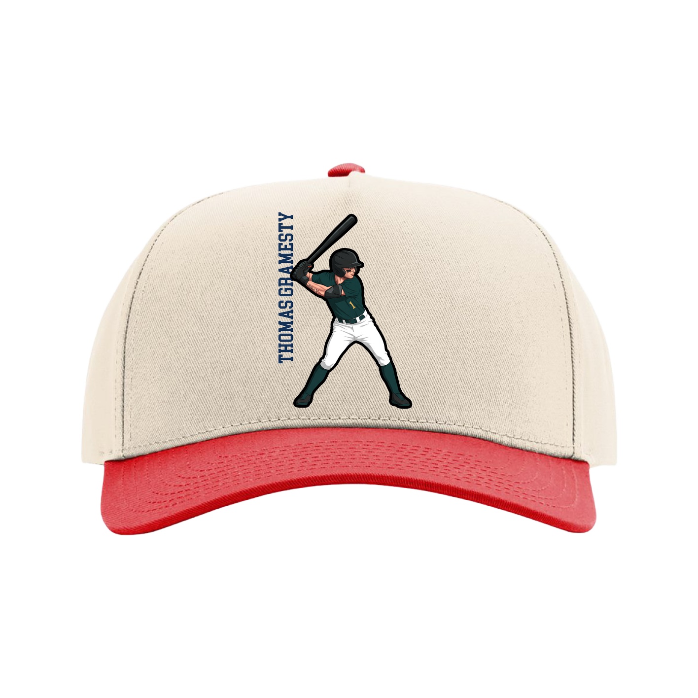 Full Fabric Five-Panel Champ Cap — Name Vertical in Cream/Red