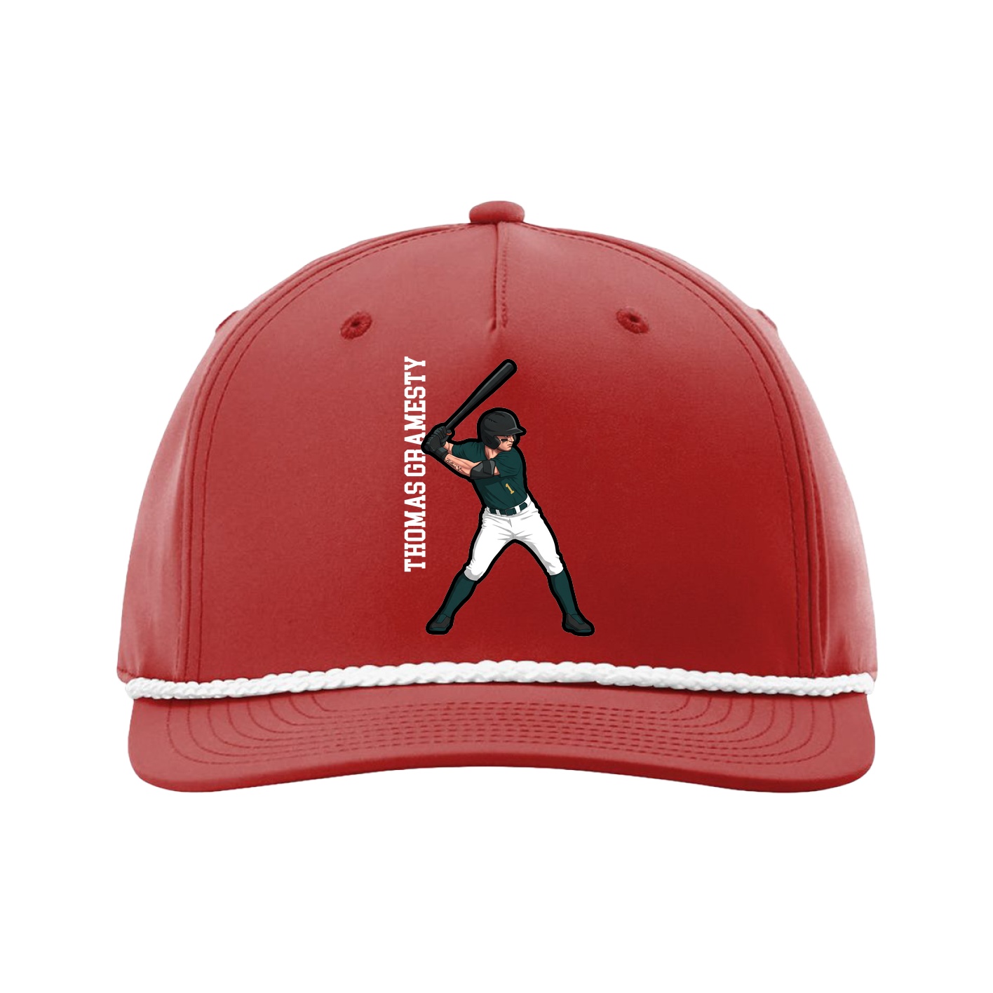 Five-Panel Classic Rope Cap — Name Vertical in Red