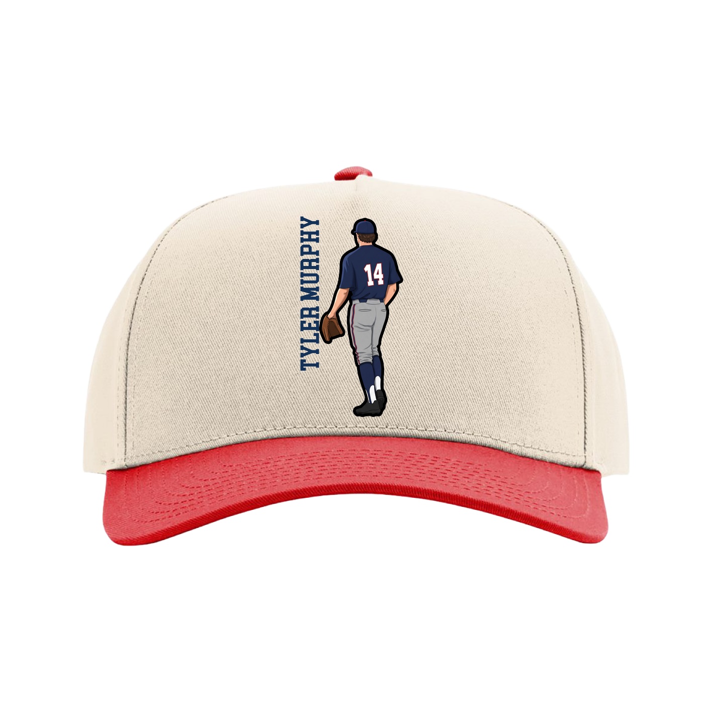 Full Fabric Five-Panel Champ Cap — Name Vertical in Cream/Red
