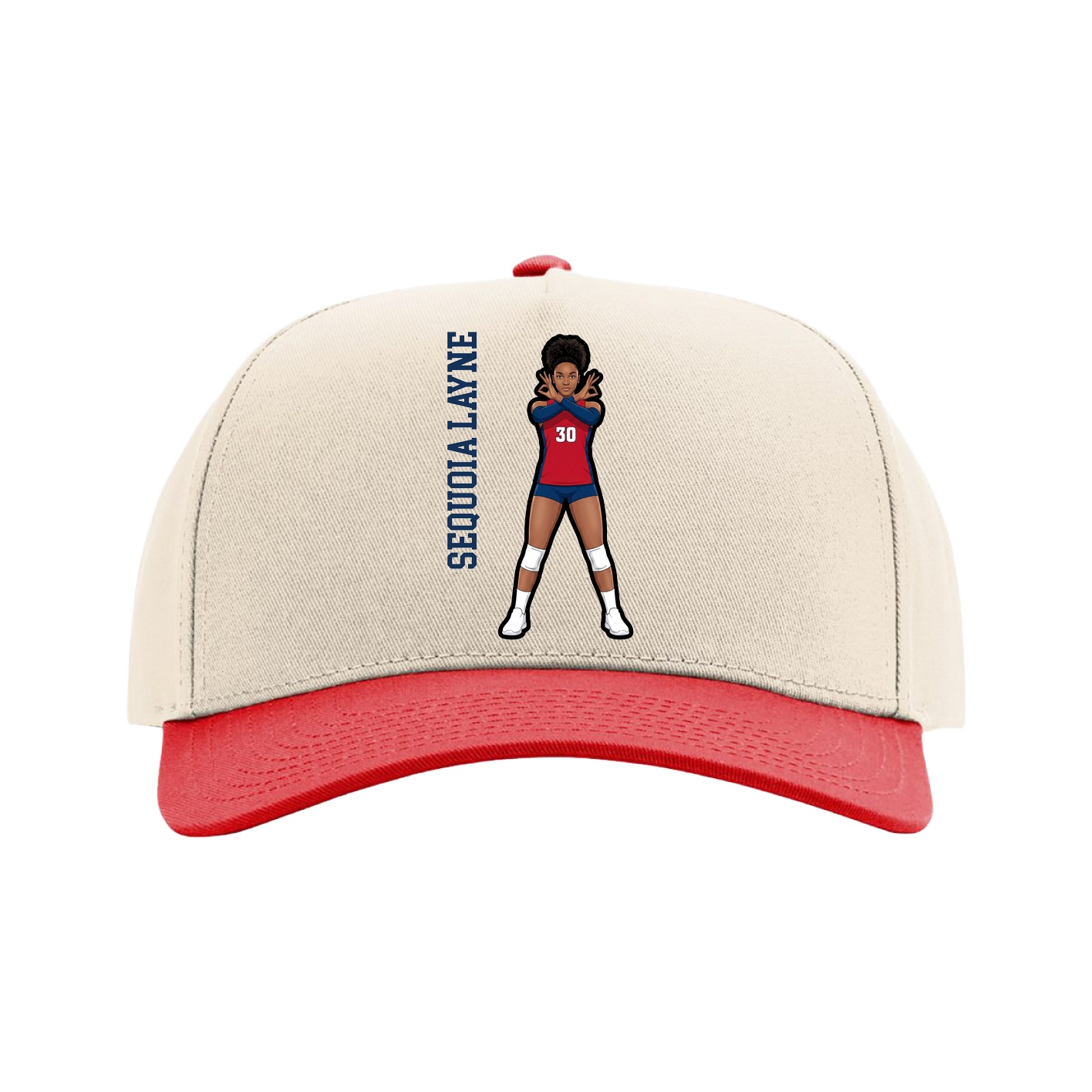 Full Fabric Five-Panel Champ Cap — Name Vertical in Cream/Red